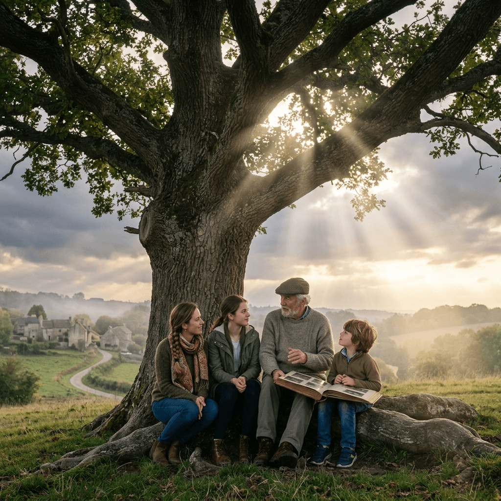 Grandfather with family looking at photo album under tree