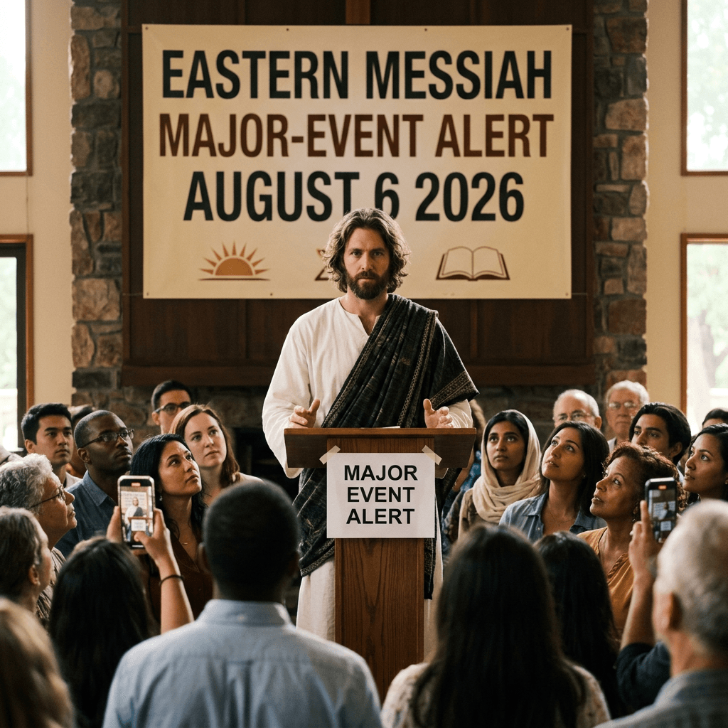 Man speaking at podium with 'Major Event Alert' sign and banner announcing Eastern Messiah event on August 6, 2026
